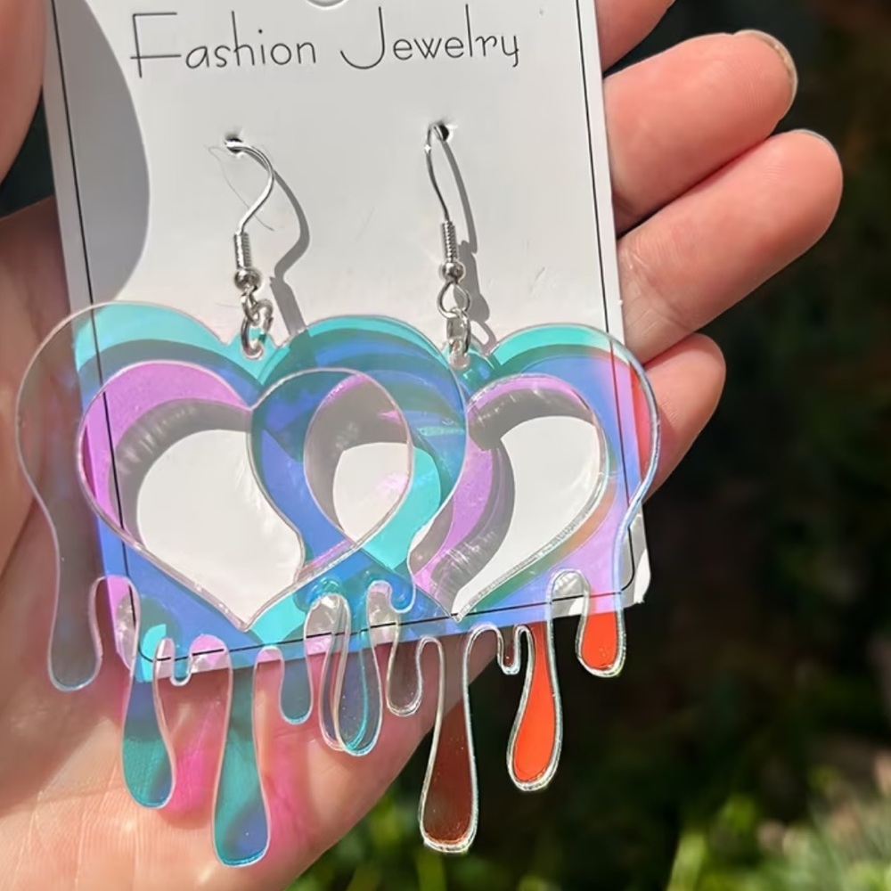 Iridescent Drip Heart Dangle Earrings - Holographic Blue Purple